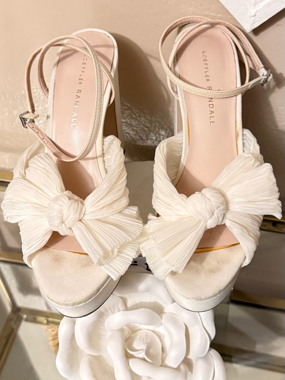 Loeffler Randall Ivory Knotted Bow Platform Sandals